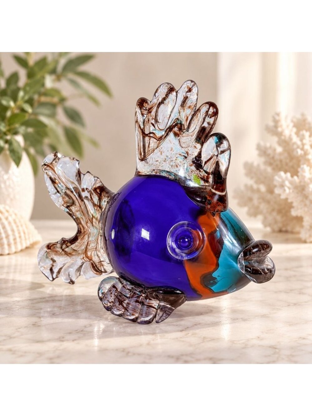Murano Style Tropical Kissing Fish Vtg Cobalt Blue Art Glass Sculpture MCM Decor